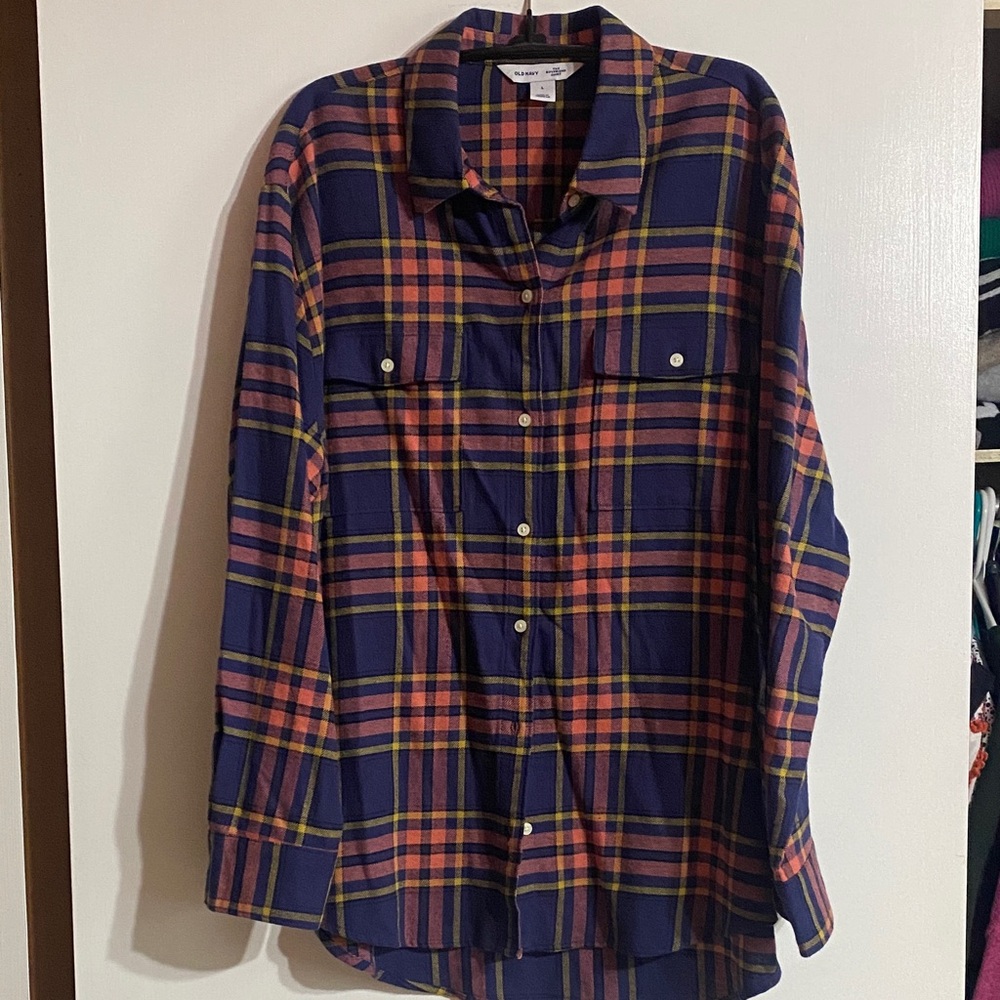 Old Navy Boyfriend Navy, Coral and Mustard Plaid Flannel Shirt
